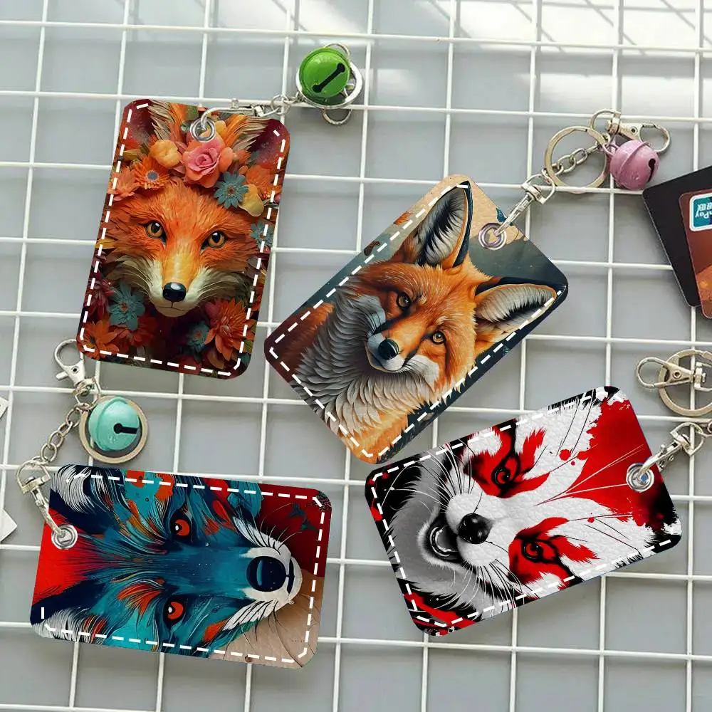 Fox Card Case Keychain Access Card Bag Key Tag Ring Leather Card Holder Key Ring Access