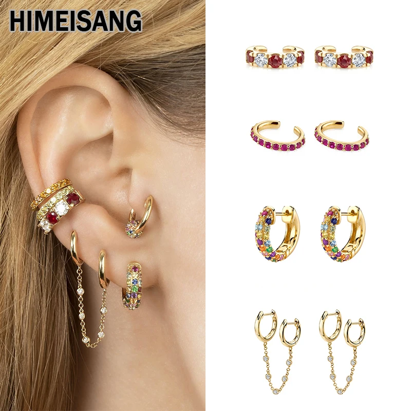 HIMEISANG Gold Fillded Silver Hoop Earrings for Women Earring Zircon Piercing Ear Cuff Clip On Double Hoop Chian Earings Jewelry