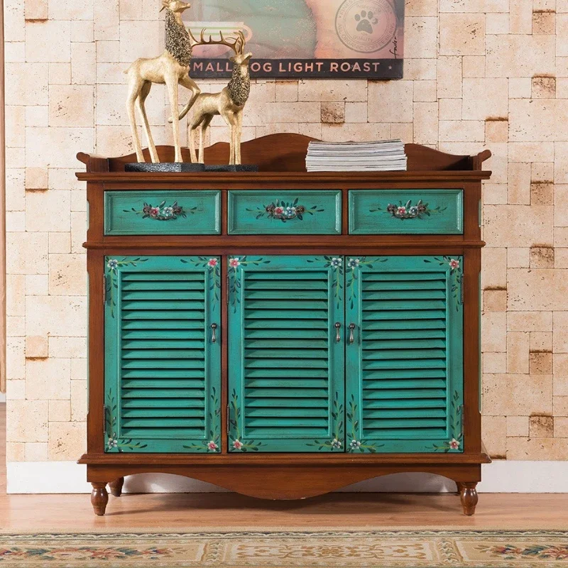 American painted shoe cabinet, large capacity storage entryway, European style shutters, foyer, Mediterranean three doors