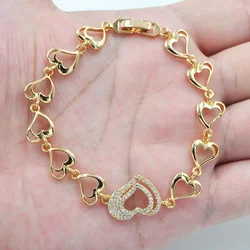 Fashion Gold Color Clear Zircon CZ Romantic Love Hearts Charm Bracelet for Women