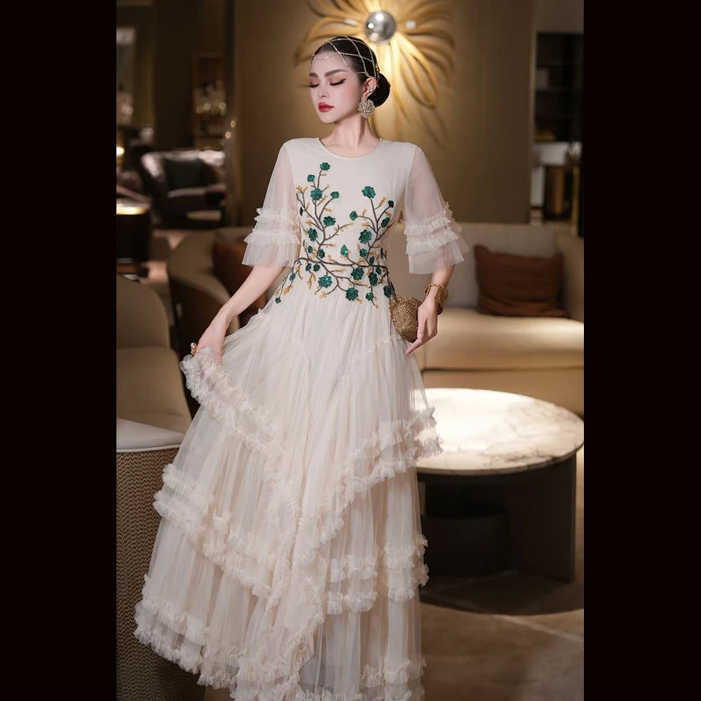 Meyyithun Women's Dress Summer Party Prom Dress  Flare Sleeved Sequins Embroidered Tree Mesh Dress Evening Dress Princess Dress