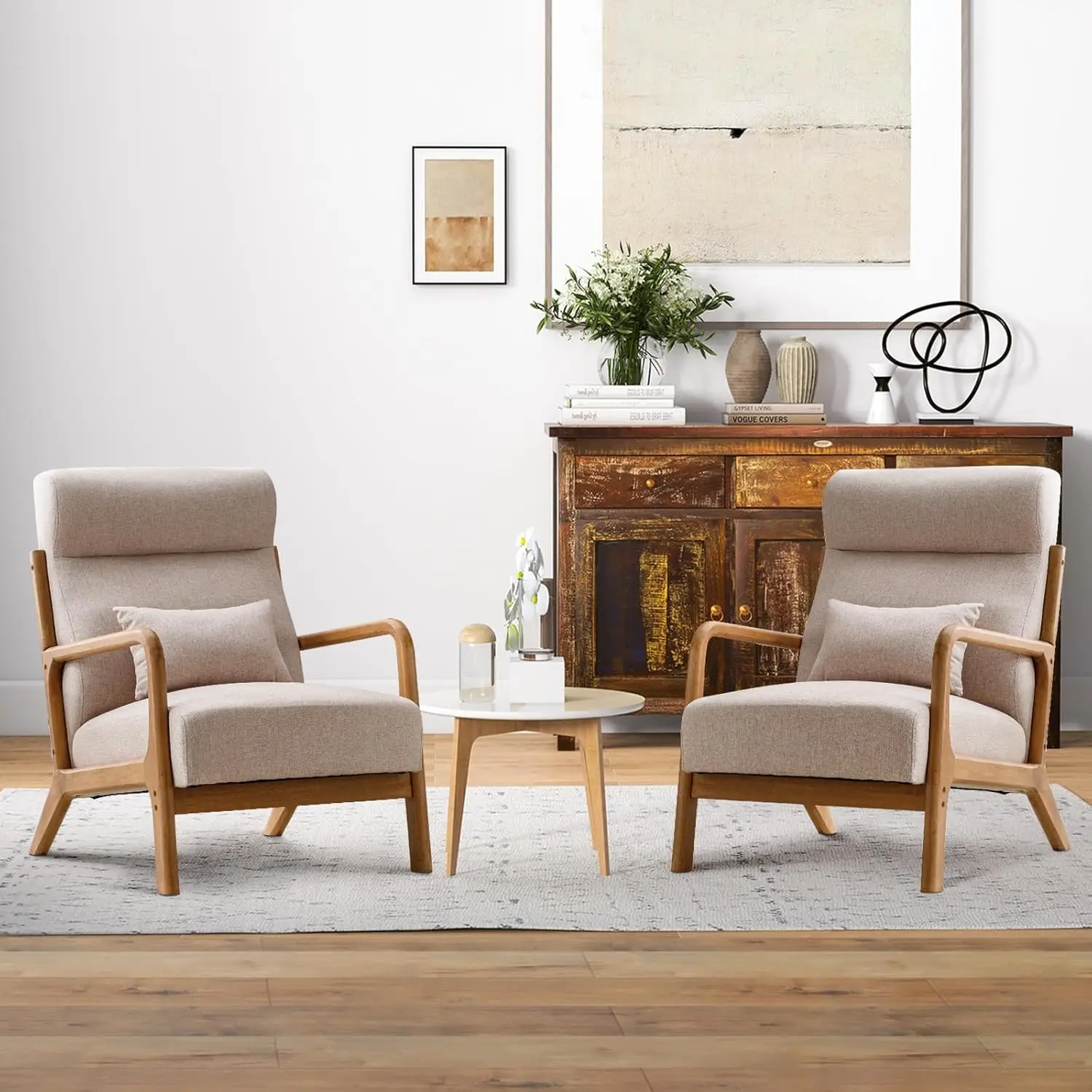 Century Modern Accent Chair Set of 2, High Back Reading Armchair with Wood Frame, Upholstered Living Room Chairs with Waist