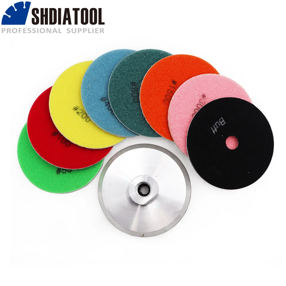 SHDIATOOL 8pcs 100mm Diamond Wet Flexible Polishing Grinding Pads Granite Marble White Resin Bond 4inch Sanding Discs M14 Backer