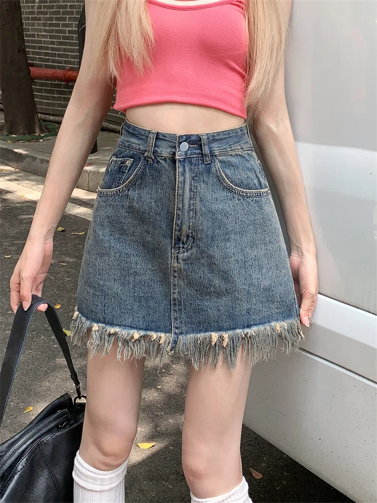 スパイシーガールレトロデニムスカート レディース 秋新作 大きいサイズ デザインセンセーション 小さなクロスフリンジ Aライン ボディコンスカート