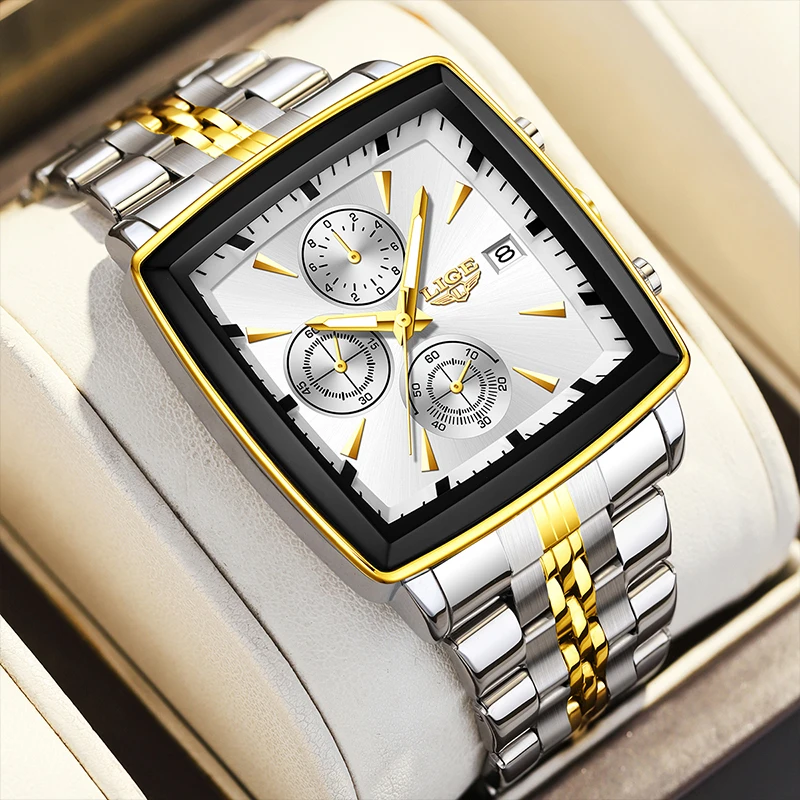 LIGE Business Men's Watches Square Waterproof Luminous Sports Quartz Watch Stainless Steel Strap Calendar Relogios Masculino+Box