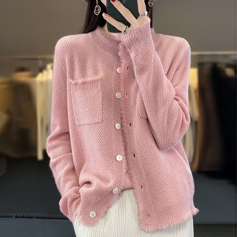 23 Fall Winter New Cashmere Sweater Women's Round Neck Long Sleeve 100% Pure Wool Tassel Bright Silk Knit Loose Age-Reducing Top