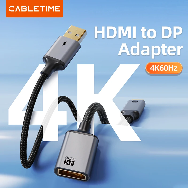 

CABLETIME HDMI to DP Cable Adapter 4K 60Hz DisplayPort Converter Video Audio for XBox TV Monitor Projector Switch PS4/5 Laptop