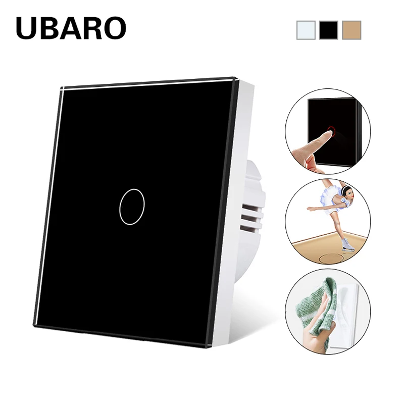 UBARO EU Standard Luxury Crystal Glass Panel Wall Touch Sensor Switch 1 Gang Power Interruptor With Backlight On Off 100-240V