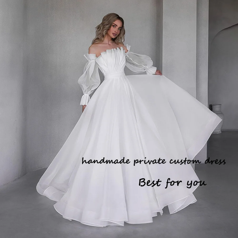 

White Organza A Line Wedding Dresses for Bride Puffy Sleeve Strapless Bridal Gowns Long Princess Wedding Gowns