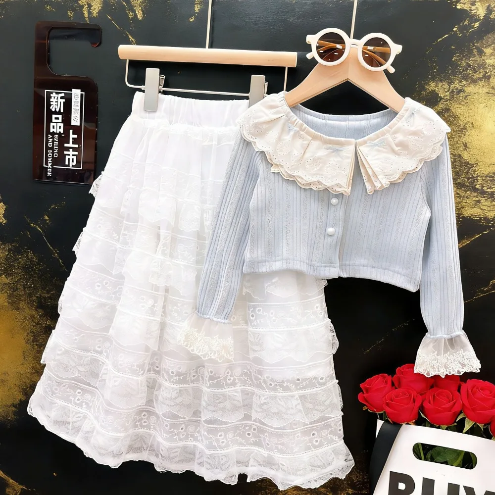 2026 Spring Girls 2 Piece Set, Blue Lace Ruffle Knit Cardigan & White Long Maxi Skirt Outfit for 100-150cm