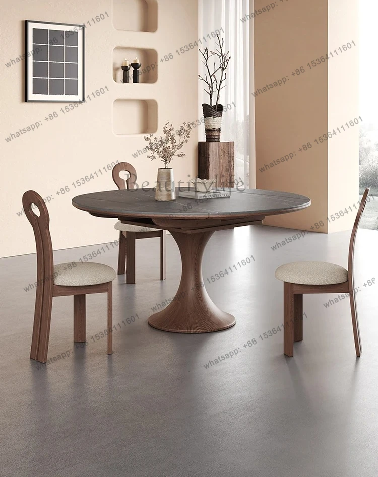 Vintage Style Solid Wood Folding Dining Table Rock Board Extendable Convertible Round Table for Home Use in Small Apartments