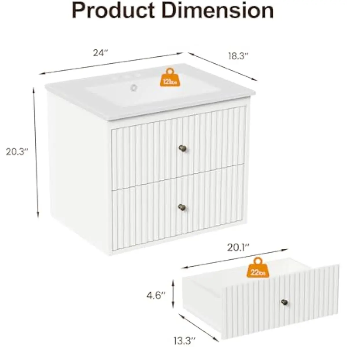 24 Inch Wall-Mounted Bathroom Vanity with Integrated Ceramic Sink, Two Soft-Close Drawers, Fluted Front Panels, Moisture-Resista