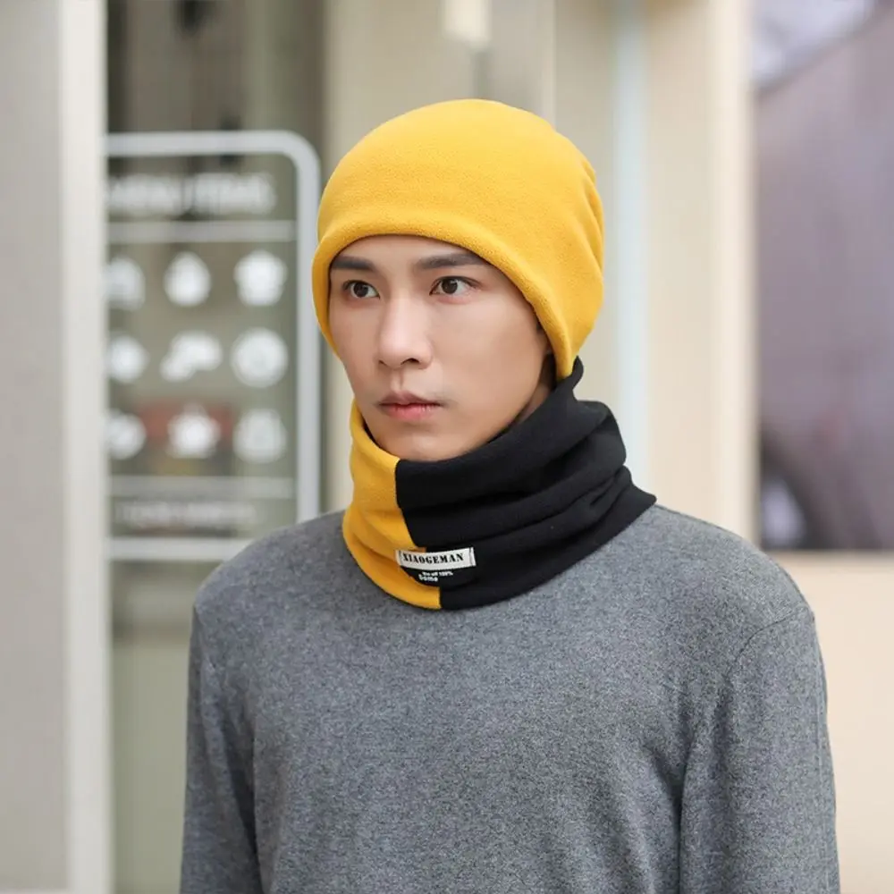 Fashion Thicken Men's Neck Warmer Hat Snood Velvet Scarf Cap Set Warm Color Blocking Windproof Hat Riding