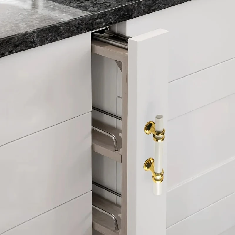 6pack White & Golden T-Shaped Cabinet Handles, Modern Stainless Steel Knobs Pulls for Kitchen Drawers Furniture Hardware