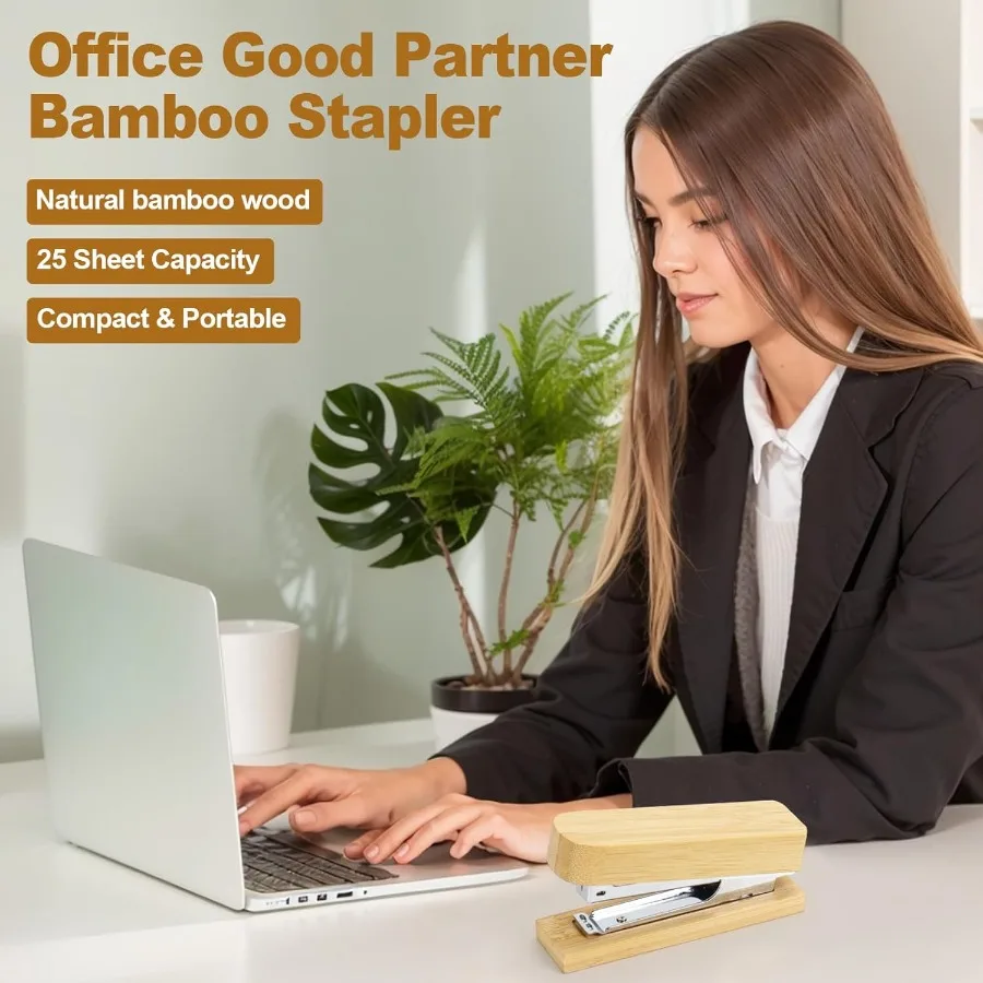 Bamboo Wood Stapler for Desk Heavy Duty 25 Sheet Capacity Vintage Wood Stapler with 1000 Staples Office Desktop Staple Desk Acc