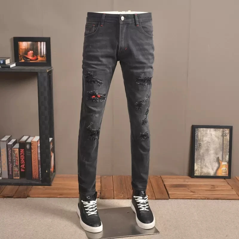 Street Fashion Men Jeans Black Stretch Skinny Fit Vintage Ripped Jeans Men Patched Designer Hip Hop Denim Pencil Pants Hombre