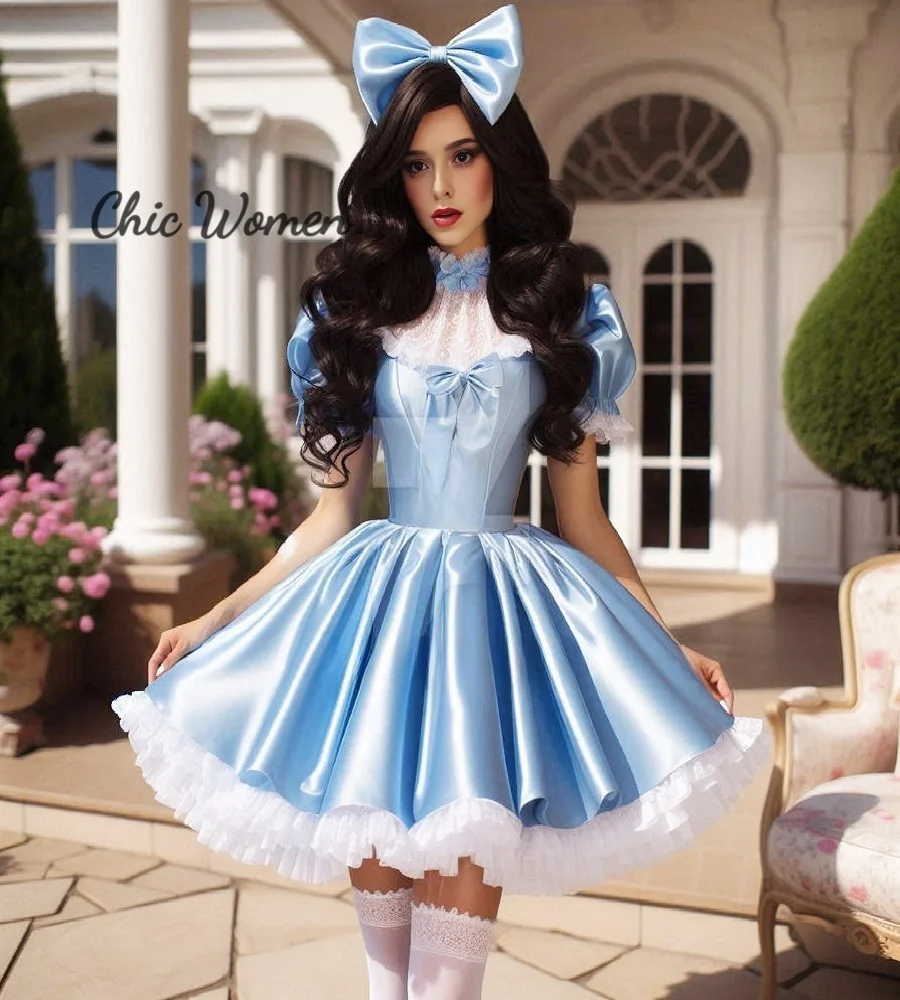 Elegant Blue Maid Costume Evening Dress 2025 Puffed Sleeves Satin Mini Prom Dress High Neck Cosplay Birthday Party Customized