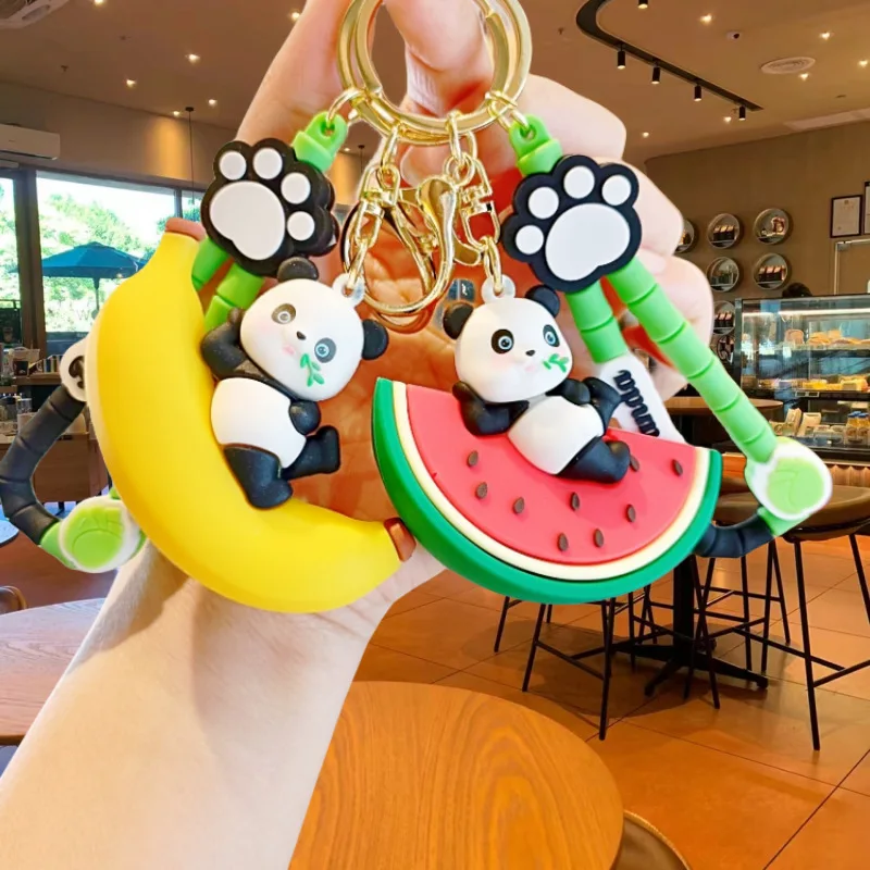 Miniso Cartoon Fruit Peach Panda Eating Bamboo Leaf Keychain Watermelon Strawberry Resting Panda Animal Keychain Children'S Gift