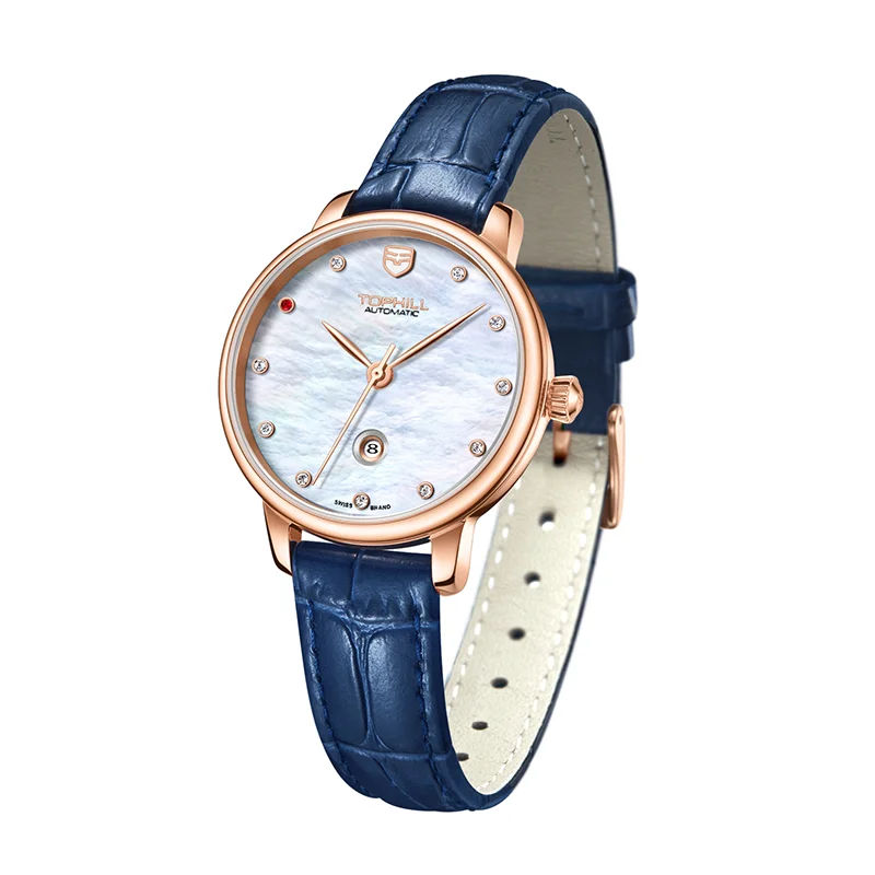 2024 New TOPHILL Women\'s Mechanical Watch 5Bar Waterproof Calendar Automatic Movement Watch for Women Leather Strap