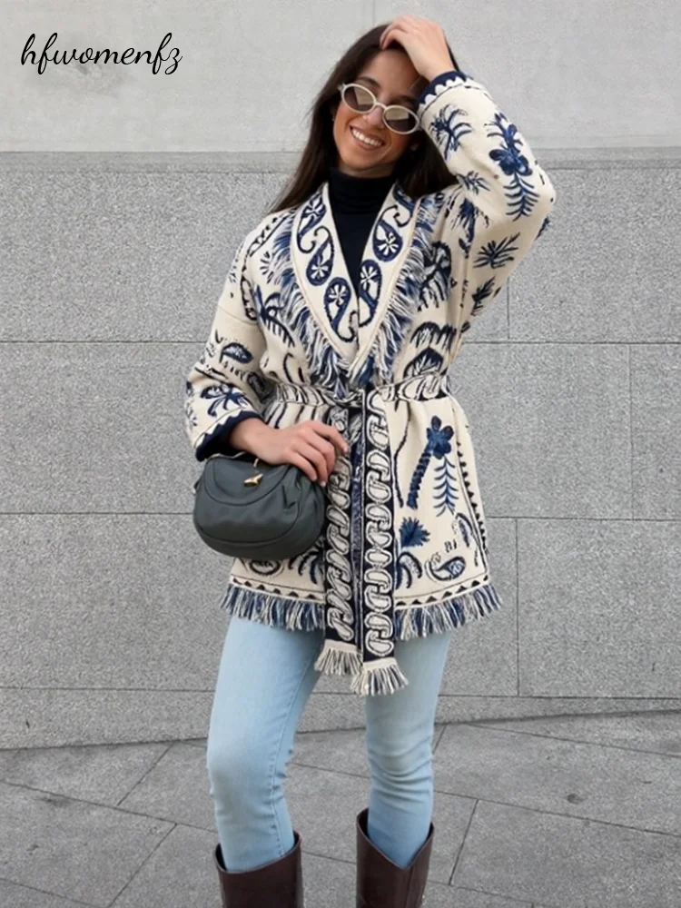 Vintage Women's Print Fringe Cardigan V Neck Long Sleeve Lace Up Long Sleeve Thick Sweater Female 2026 Autumn Winter Knitwear