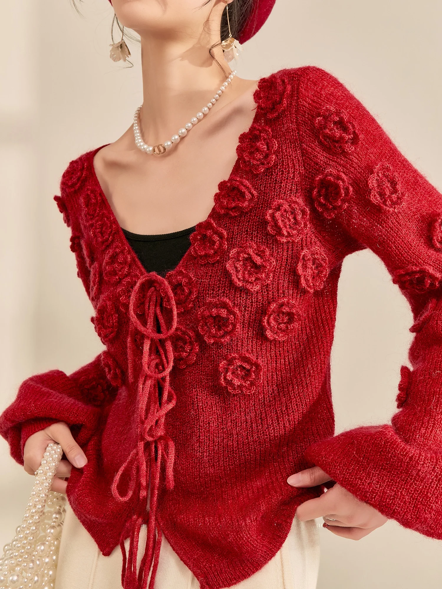 

Red Knitted Sweater Handmade Crochet Beautiful Aosphere Unique High-End Lazy Sle V-Ne Long Sve Cotton Blend Winter Top