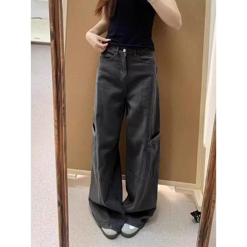 Americano retro ey perna larga calças de trabalho cintura alta solta magro em linha reta jeans para as mulheres verão wear casual algodão