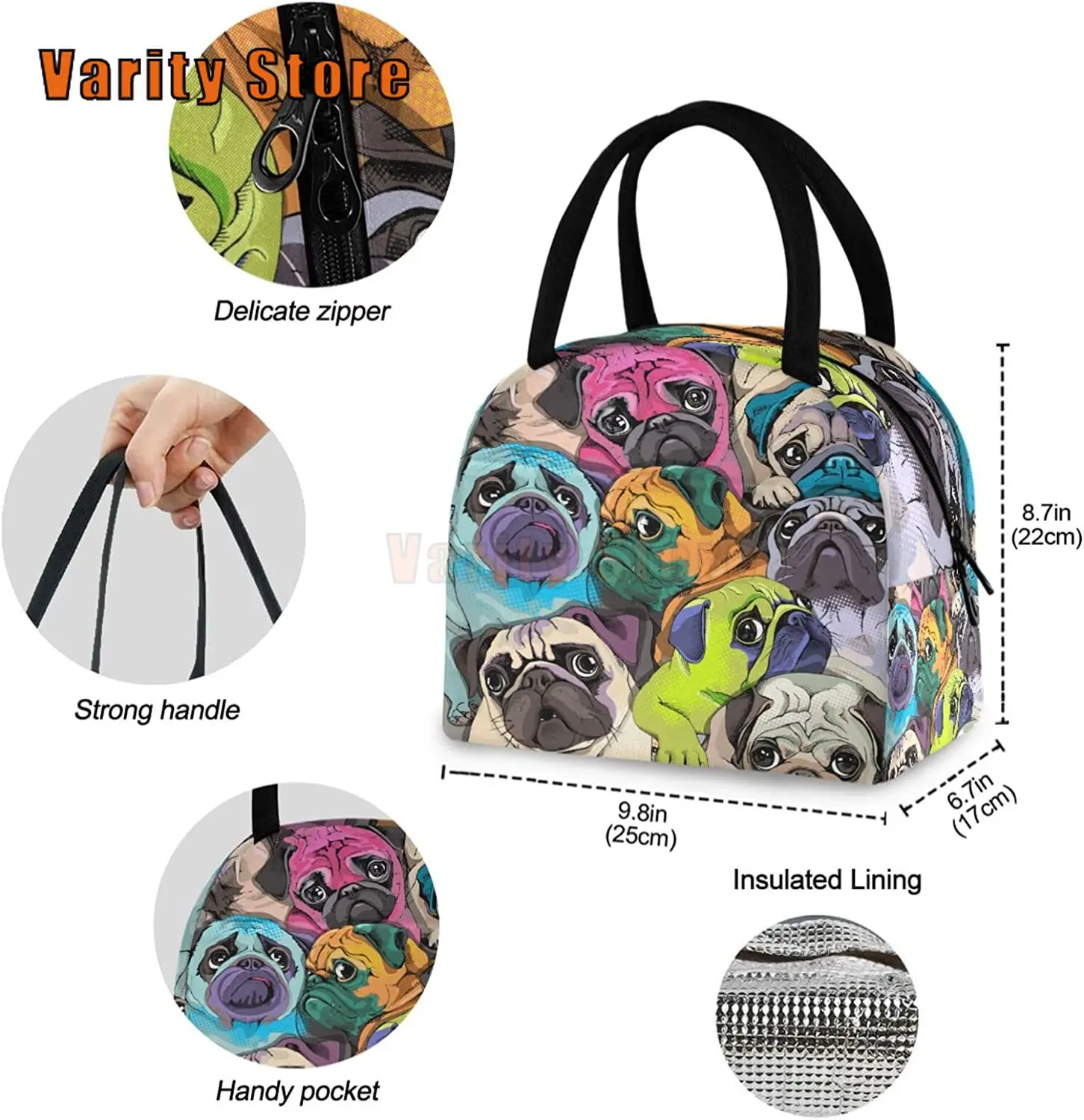 Pop Art Pug Dogs Reusable Lunch Tote Bag with Front Pocket Insulated Thermal Cooler Container Bag for Back to School Work Picnic
