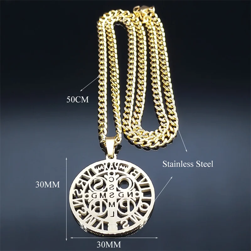 قلادة من الفولاذ المقاوم للصدأ للرجال والنساء ، القديس بنديكت ، المجوهرات الدينية ، سان بينيتو ، الهيب هوب ، N7437S05