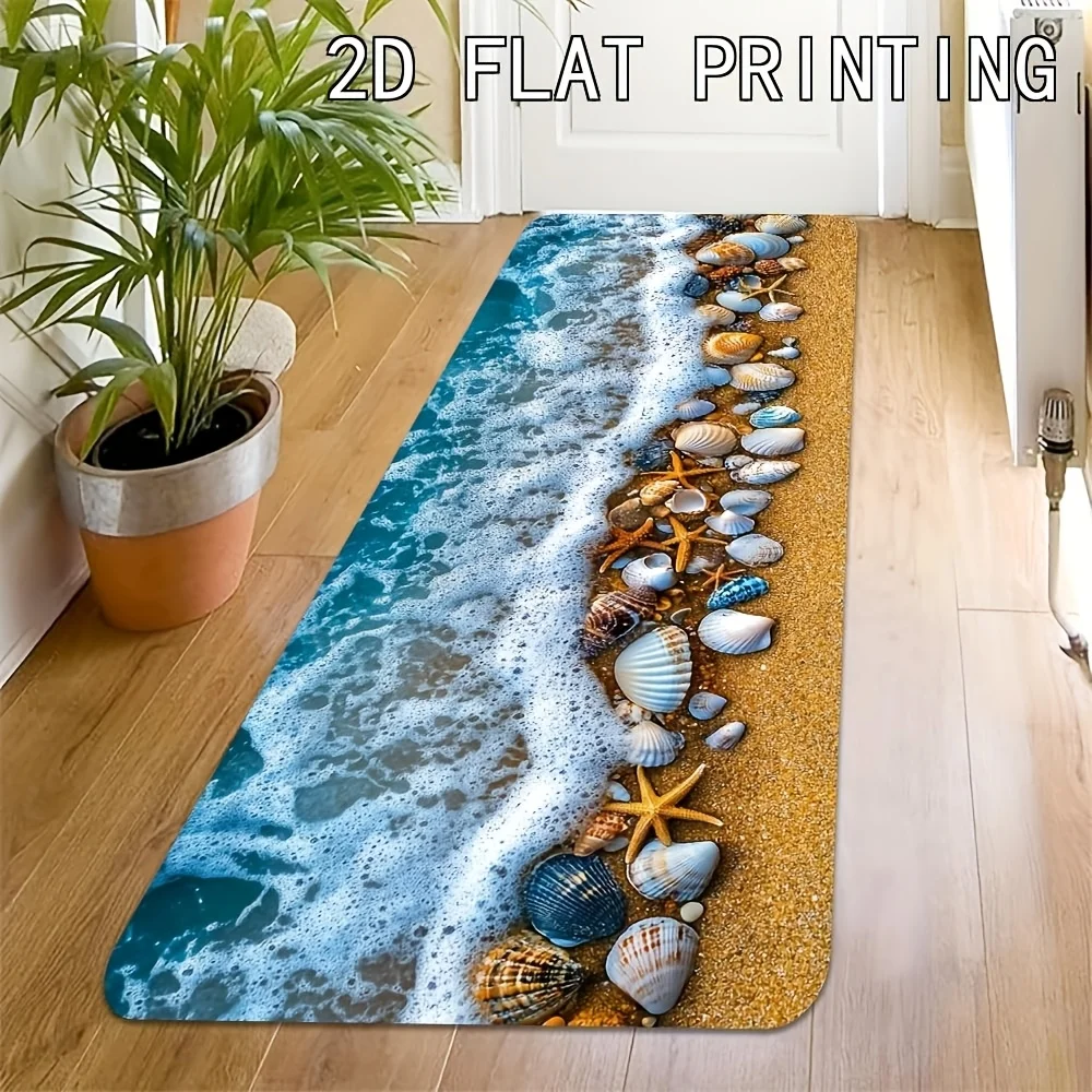 Seaside Wave Runner Mat Anti Slip Water Absorbent Golden Sand Starfish Shell Decor Print Carpet Kitchen Bedroom Bathroom Floor