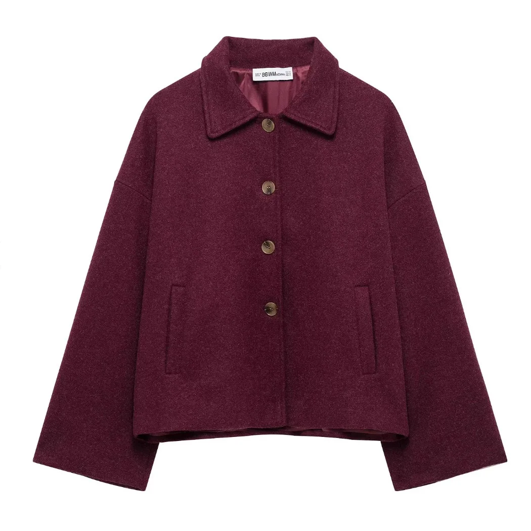 

Autumn Winter Fashion Outerwear Women Short Notch Lapel Buttoned Loose Wool Jacket Coat