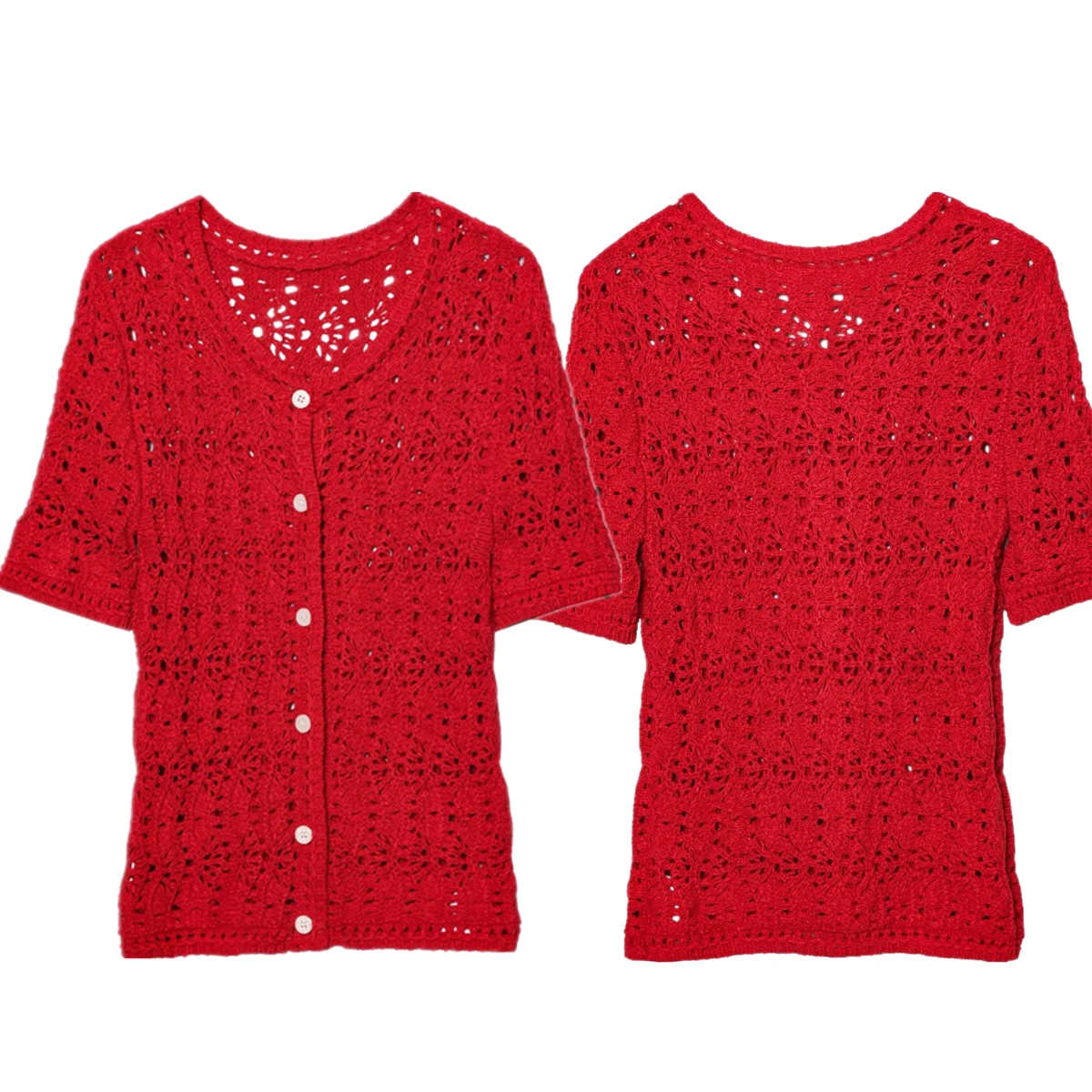 

Maxdutti Summer French Lazy Crochet Short-sleeved Shirt Women Minimalist Red Elegant Hollow Knitted T-shirt Top For Women