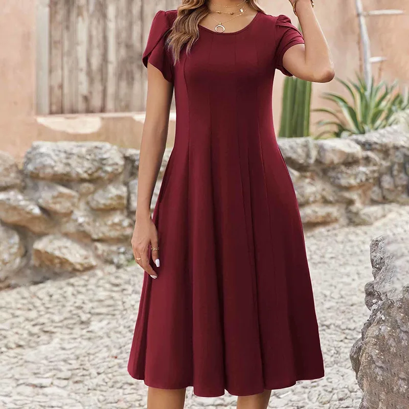 

Factory Vintage Solid Red Dresses Short Sleeve Elegant Loose Pleated Tunic Midi Dresses All Matching Casual Women Clothing