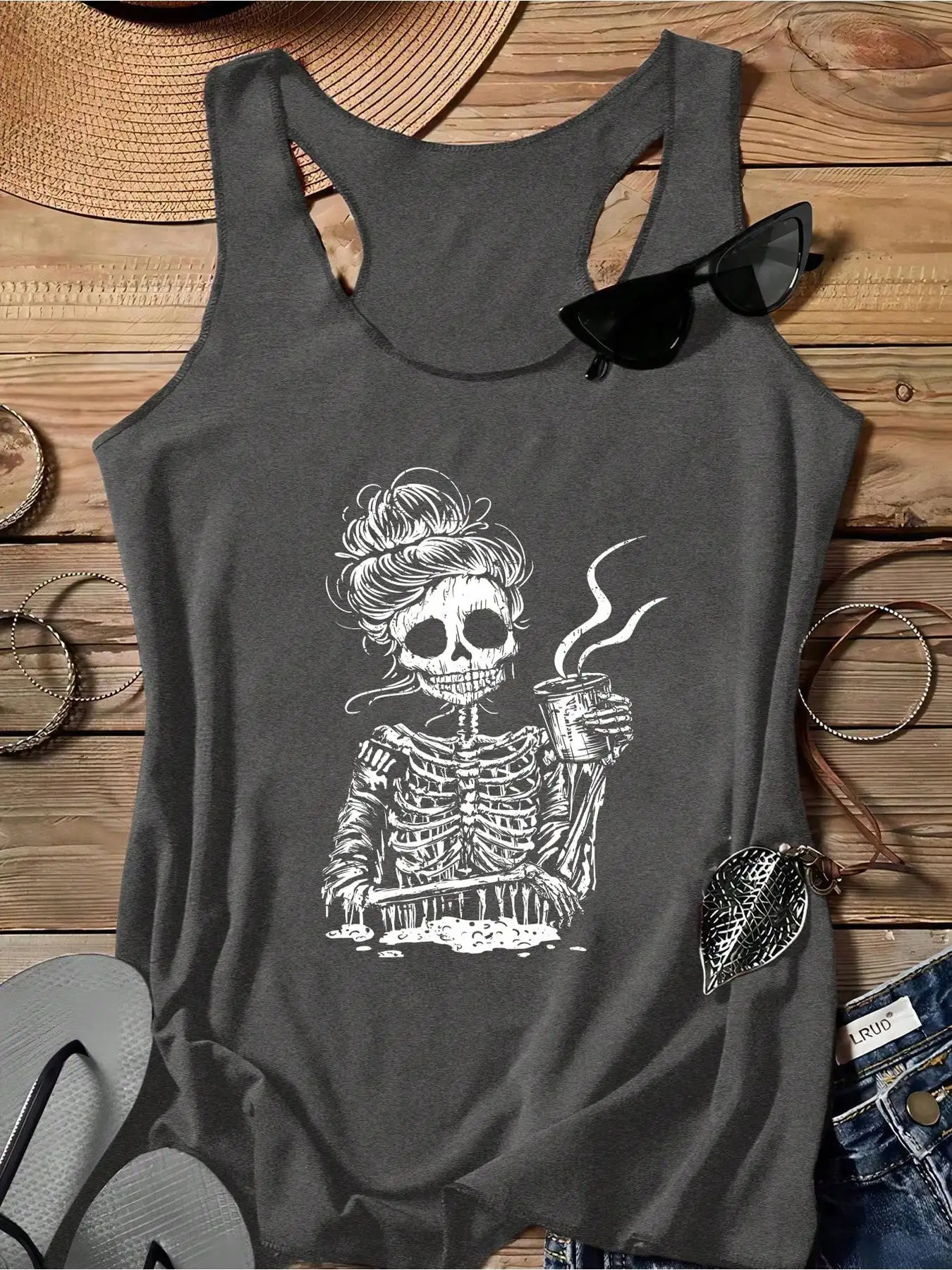 Ladies' Skeleton Print I-Back Vest, A Summer Casual and Personalized Sleeveless Top, in a Popular Style, Perfect for Daily Wear