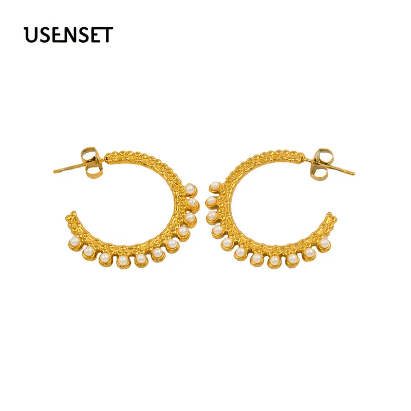 Pearl Hoop Earrings Women Stainless Steel Boho Beads C Shape Ear Stud New Small Ball Design Chic Ladies Beaded Jwelry YS193