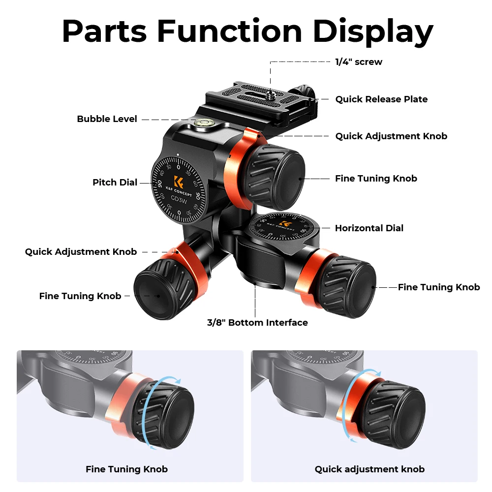 K&F Concept High Precision Fluid Head Load Capacity 13.2lbs/6kg 3 Way Geared Tripod Head Aluminum Alloy for Photography Camera