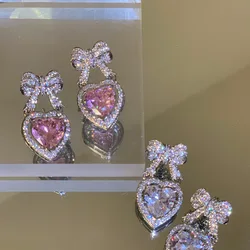 Korean Elegant Rhinestone Bowknot Drop Earrings For Women Fashion Heart Crystal Pendientes Party Jewelry Gifts