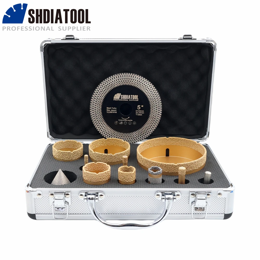 SHDIATOOL 12pcs Diamond Tool Kit 6/8/10/25/40/50/68/110mm Drill Bits 20mm Drilling Milling Bit 50mm Chamfer Bit 125mm Saw Blade