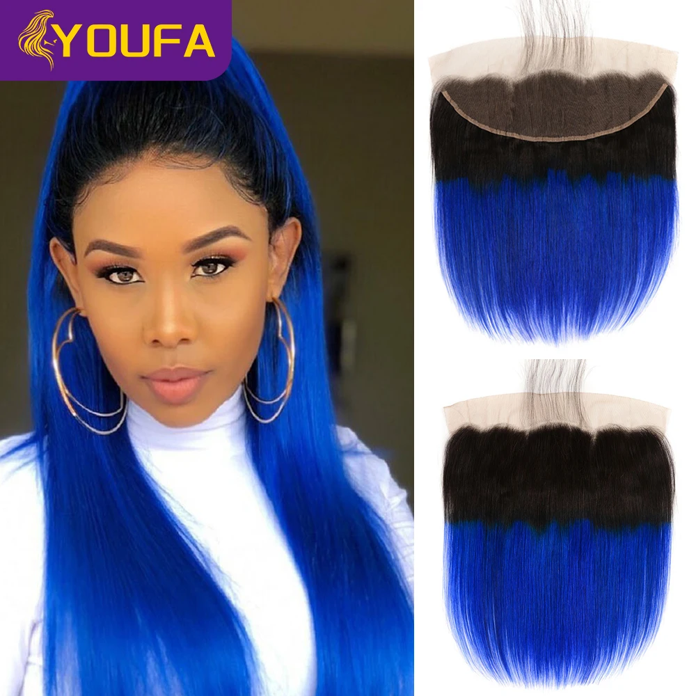 

YOUFA 1B Синий 13x4 Кружева Фронтальная Предварительно Сорванные 100% Бразильские Прямые Человеческие Волосы Коричневые Кружева Фронтальная Омбре Синий Цвет Свободная Часть