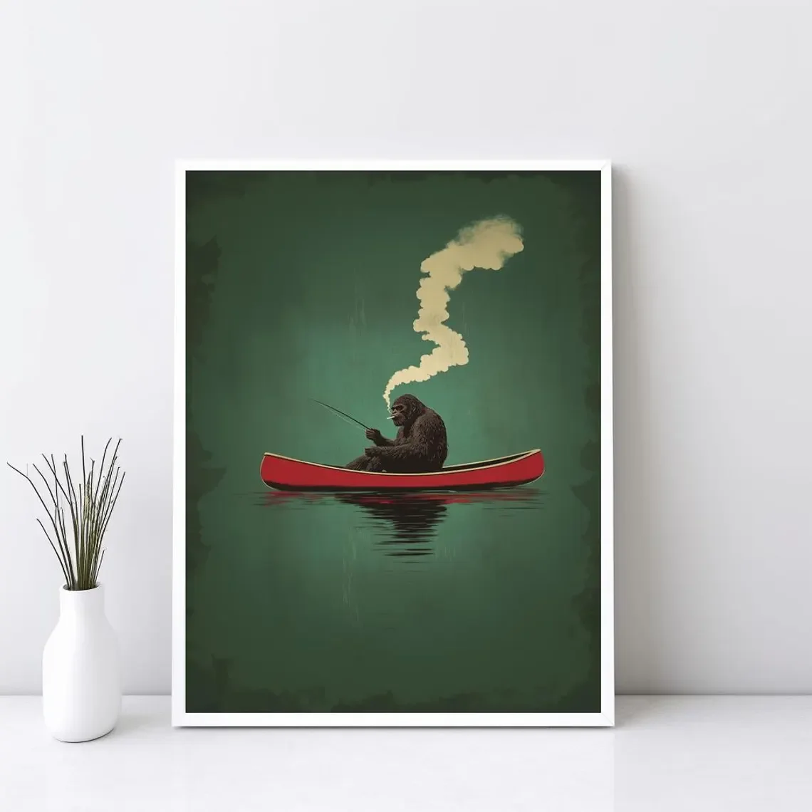 Bigfoot on a Red Canoe Fishing Wall Art, Lake House Wall Decor, Retro Canvas Art Poster Print, Whimsical Sasquatch Funny Bigfoot