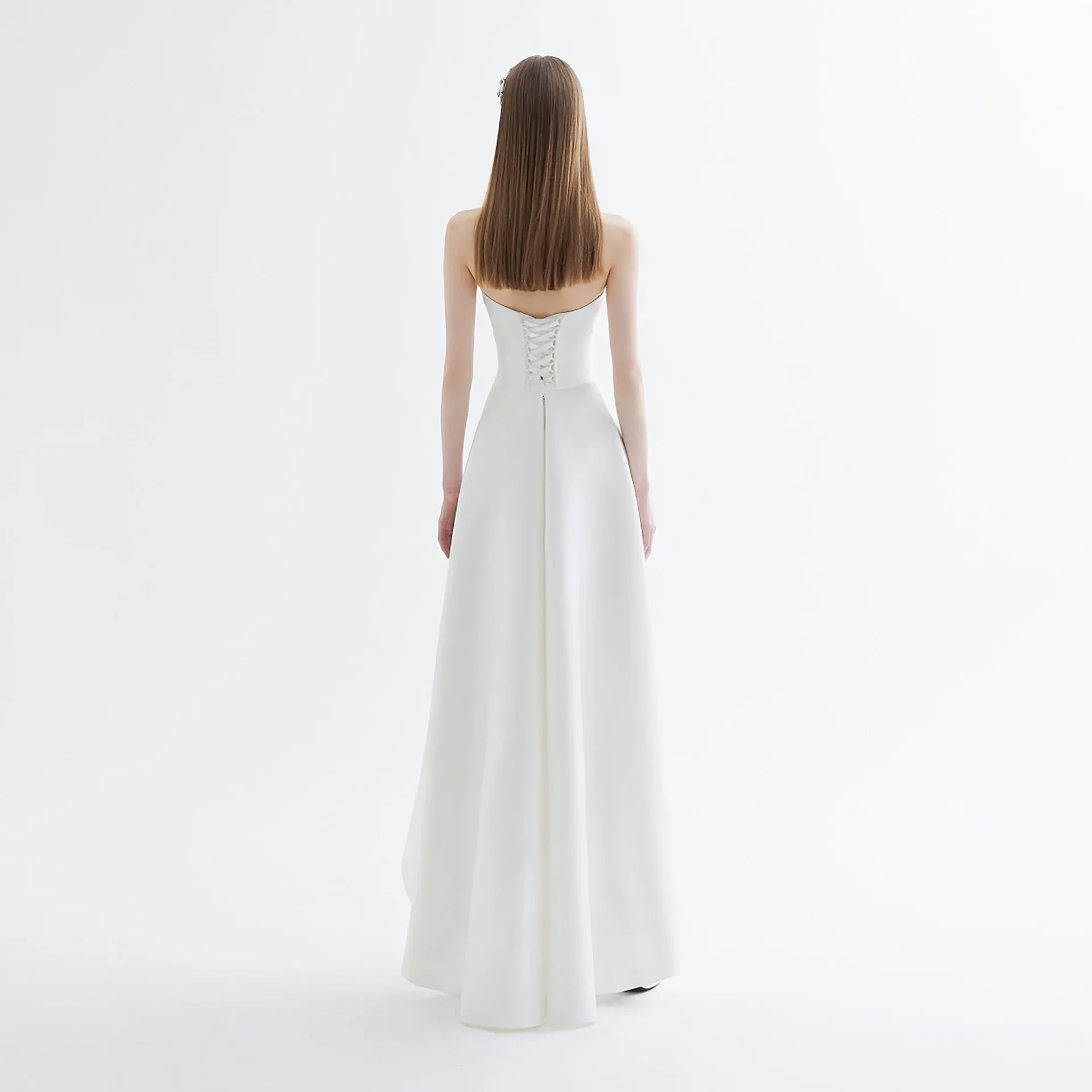 Witte strapless lichte trouwjurk Koreaanse satijnen eenvoudige jurk sexy backless banket avondjurken bruid fotoshoot jurk