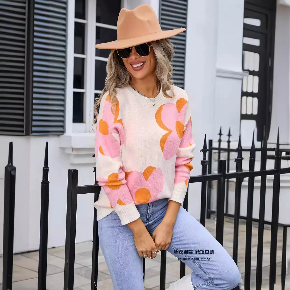 Fashion Printed Knitted Pullover Sweater, Women's New Autumn/winter Loose Spell Color Round Neck Flower Pattern Knitted Sweater image 5