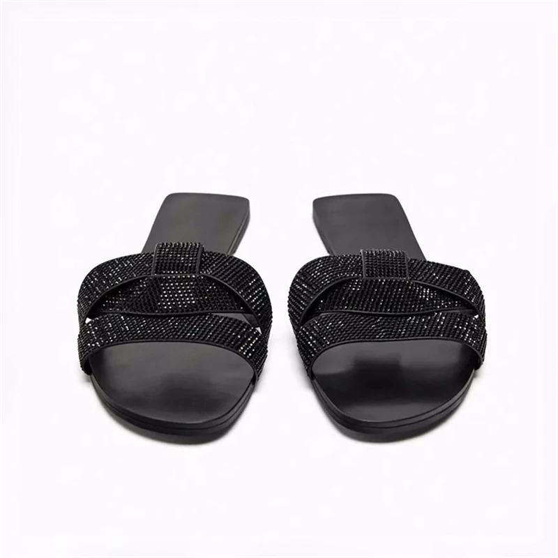 TRAF Black Rhinestone Upper Flat Slippers Women Round Head Open Toe Indoor Shoes Summer Leisure Cozy Slipper Sandals For Woman