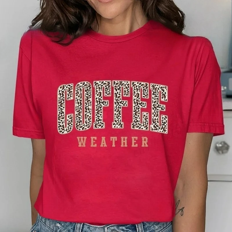 Camiseta con estampado de café y letras a moda camiseta informal versátil de manga corta con cuello redondo para mujer