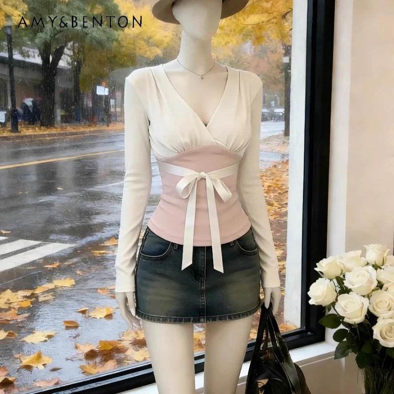 

French Design V-Neck Lace-up Splicing Long Sleeve Women's T-Shirt 2026 Spring Autumn New Slimming Elegant T-Shirts Top Ladies