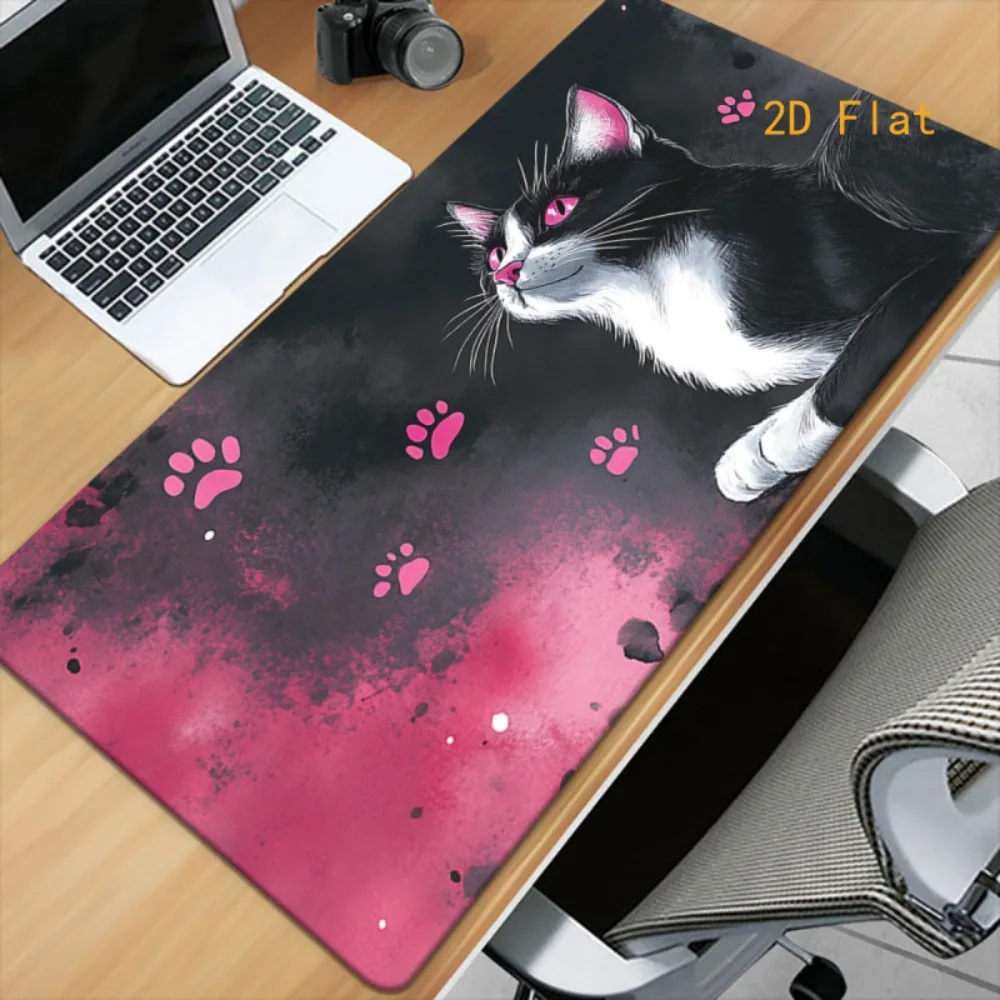 Aesthetic Pink Black Cat Desk Mat, Extra Large Kitten Paw Mouse Pad, Non-Slip Waterproof Keyboard Mat for Desk Decor