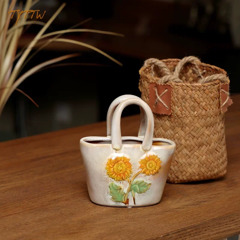 sunflower-handheld-ceramic-flower-basket-planter-creative-pastoral-retro-ornament-fresh-style-home-tabletop-decor-figurine