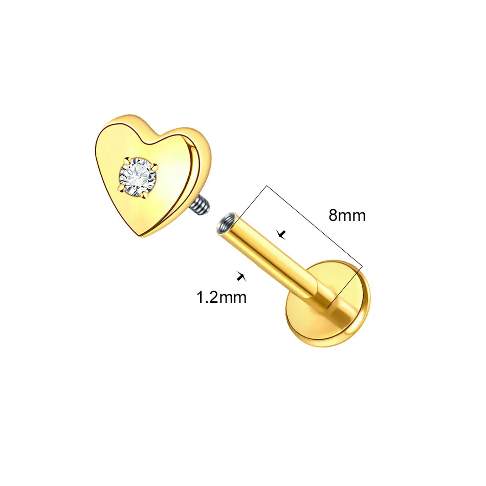 1/5Pcs G23 Titanium 16G Heart Gem Flat Back Earring Labret Monroe Lip Cartilage Helix Tragus Conch Ear Lobe Stud Body Jewelry