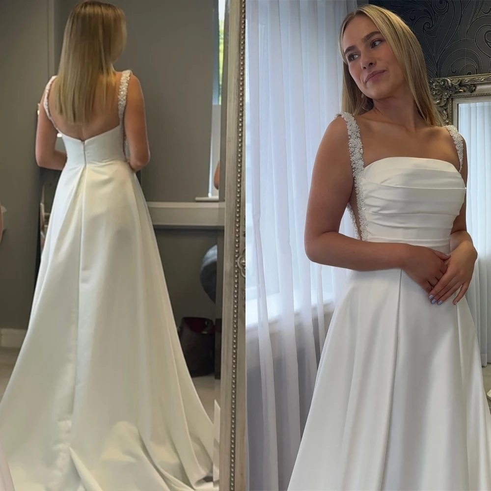 

Customized Elegant White Satin Wedding Dress Exquisite Square Collar Spaghetti Straps Sleeveless Dress Chapel Train Bridal Gowns