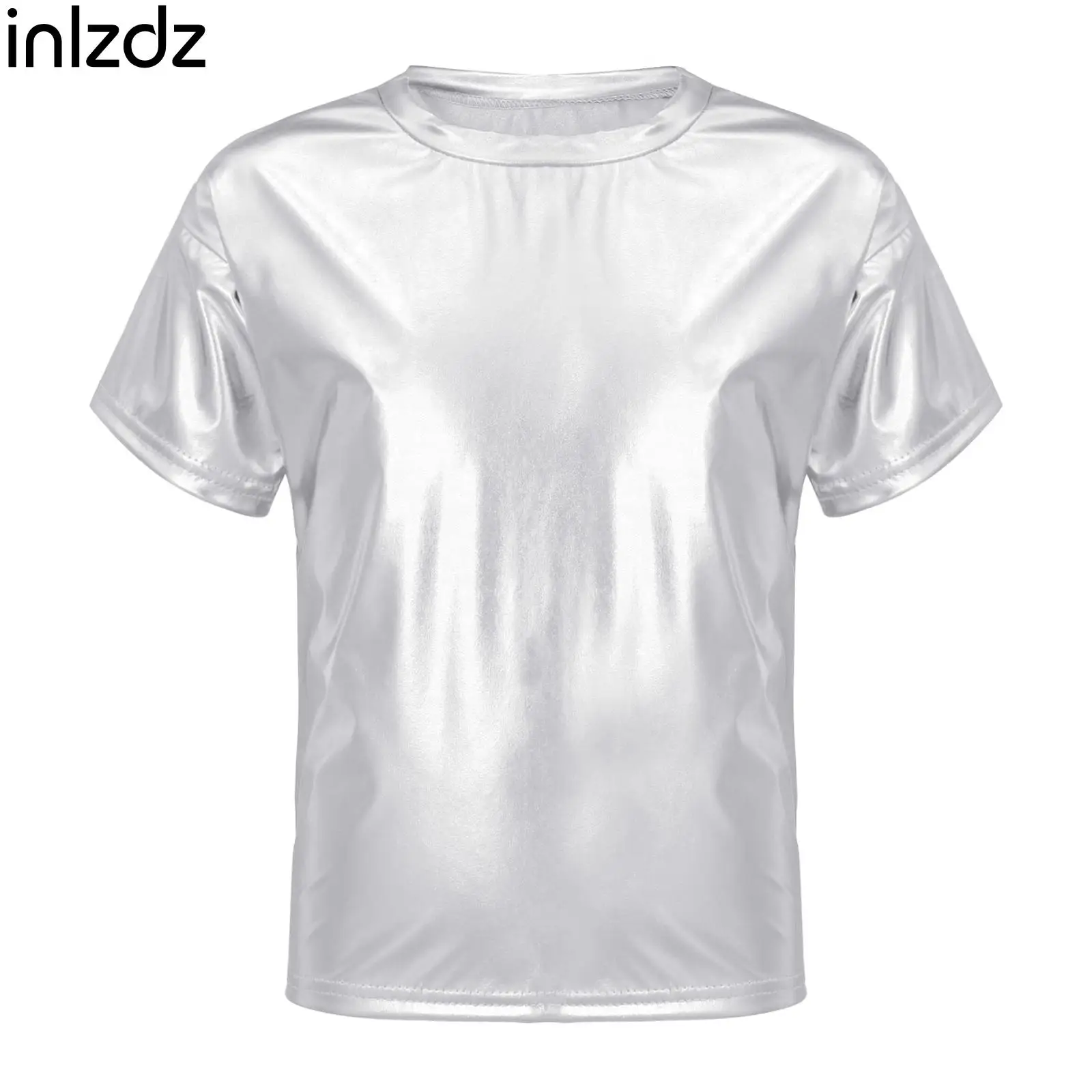 

Kids Boys Girls Shiny Metallic Dance Tops Short Sleeves T-Shirt Modern Jazz Hip-hop Dance Costumes Performance Dancewear