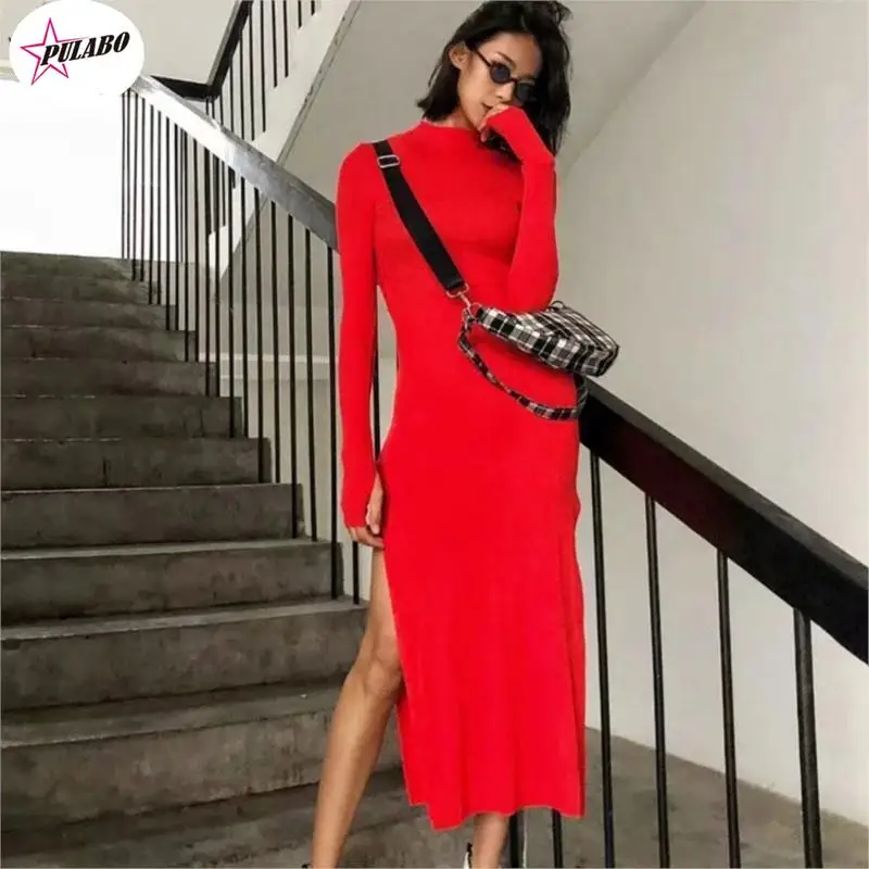 

PULABO Women's Dress Kintted Long-Sleeved Sexy Round Neck Solid Stretch Long Dresses for Women Slit Female Midi Party Robe ins